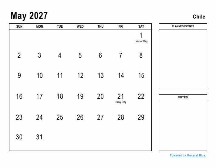 May 2027 Printable Monthly Calendar with Chile Holidays