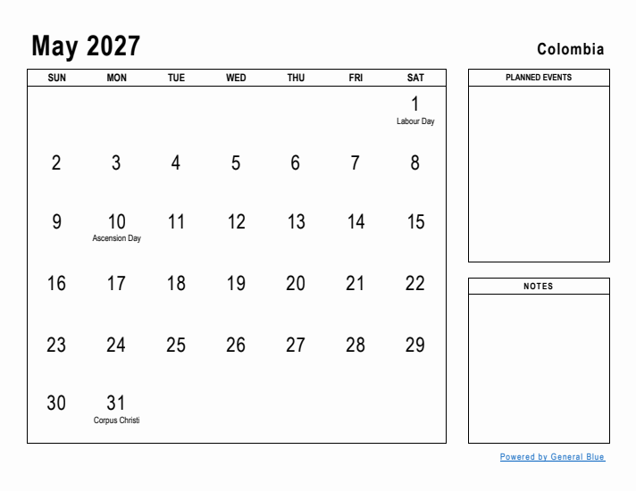 May 2027 Printable Monthly Calendar with Colombia Holidays