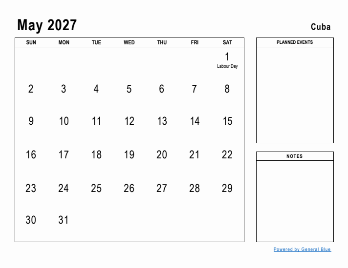 May 2027 Printable Monthly Calendar with Cuba Holidays