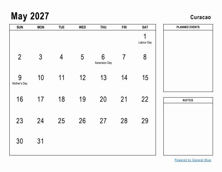 May 2027 Printable Monthly Calendar with Curacao Holidays