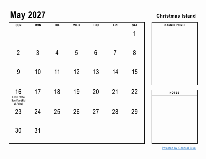 May 2027 Printable Monthly Calendar with Christmas Island Holidays