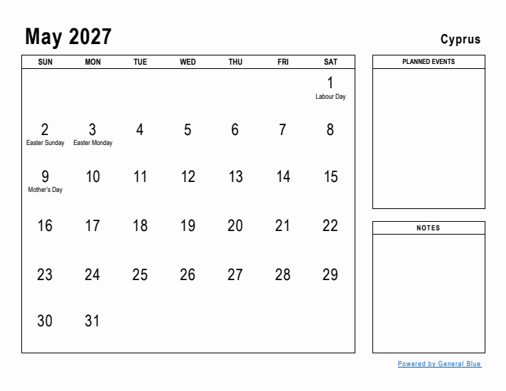 May 2027 Printable Monthly Calendar with Cyprus Holidays