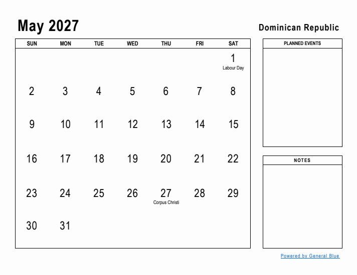 May 2027 Printable Monthly Calendar with Dominican Republic Holidays