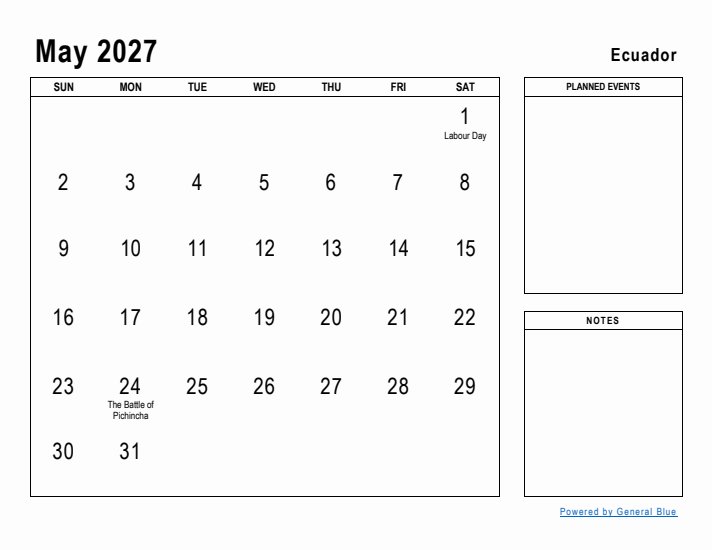 May 2027 Printable Monthly Calendar with Ecuador Holidays