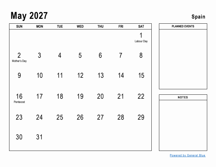 May 2027 Printable Monthly Calendar with Spain Holidays