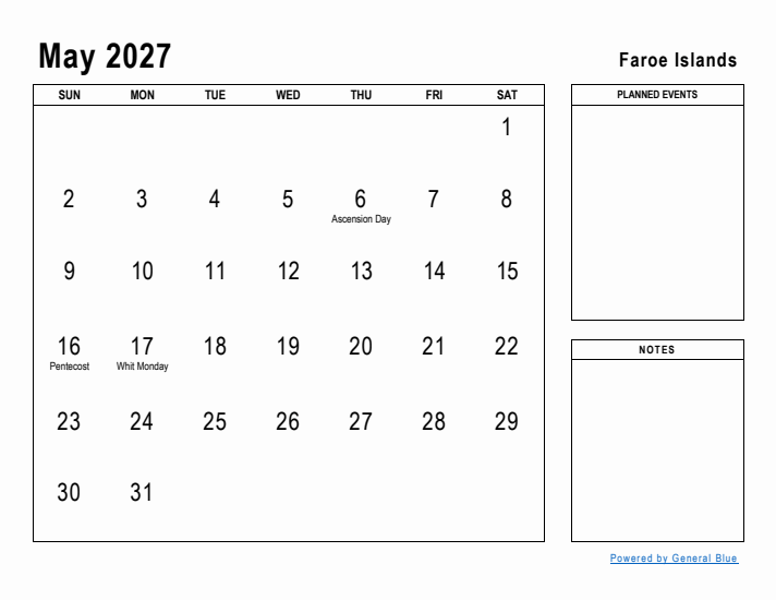 May 2027 Printable Monthly Calendar with Faroe Islands Holidays