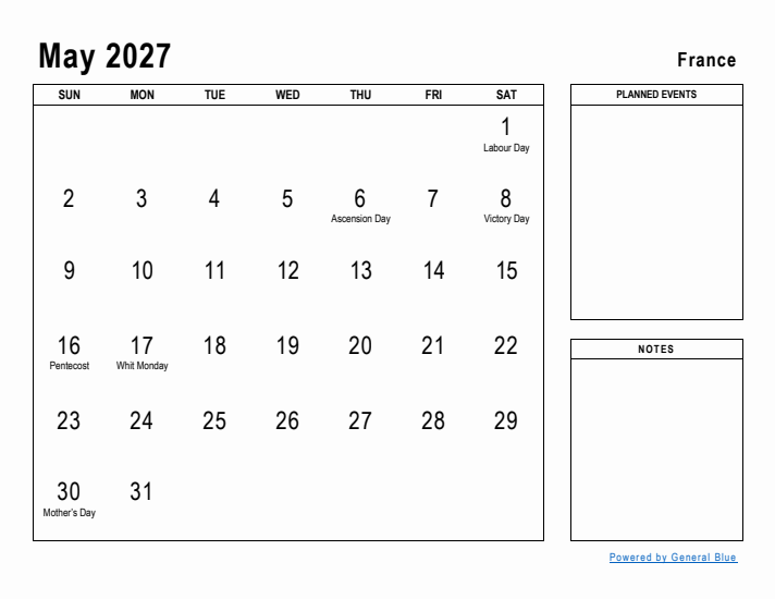 May 2027 Printable Monthly Calendar with France Holidays