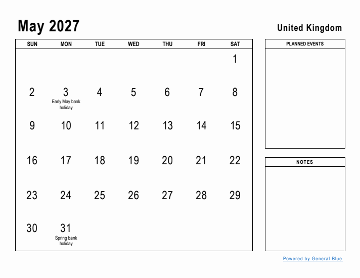 May 2027 Printable Monthly Calendar with United Kingdom Holidays