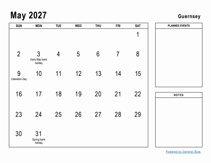 May 2027 Printable Monthly Calendar with Guernsey Holidays