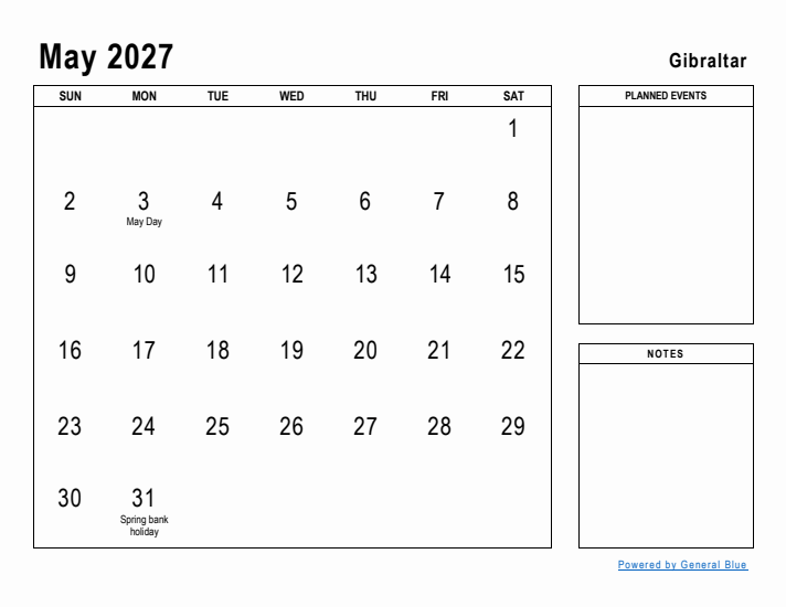 May 2027 Printable Monthly Calendar with Gibraltar Holidays