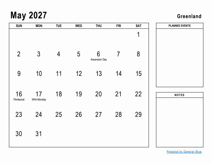 May 2027 Printable Monthly Calendar with Greenland Holidays