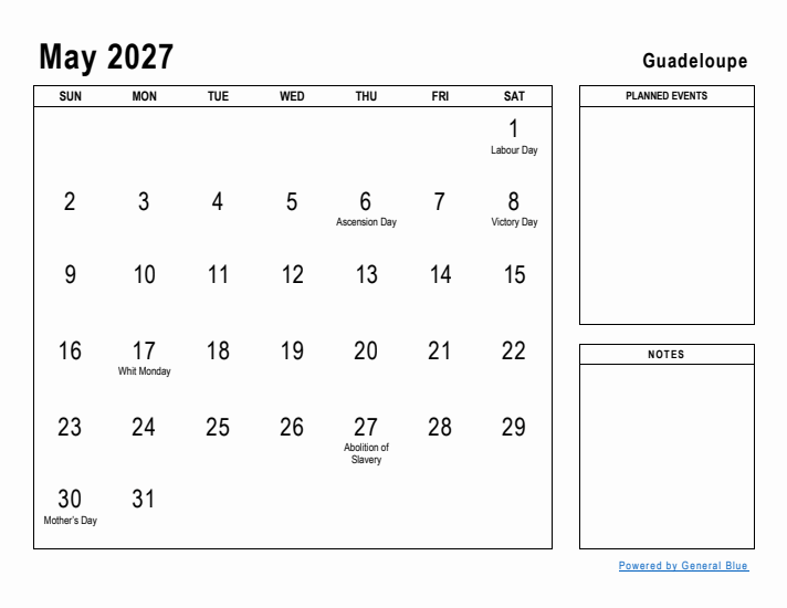 May 2027 Printable Monthly Calendar with Guadeloupe Holidays