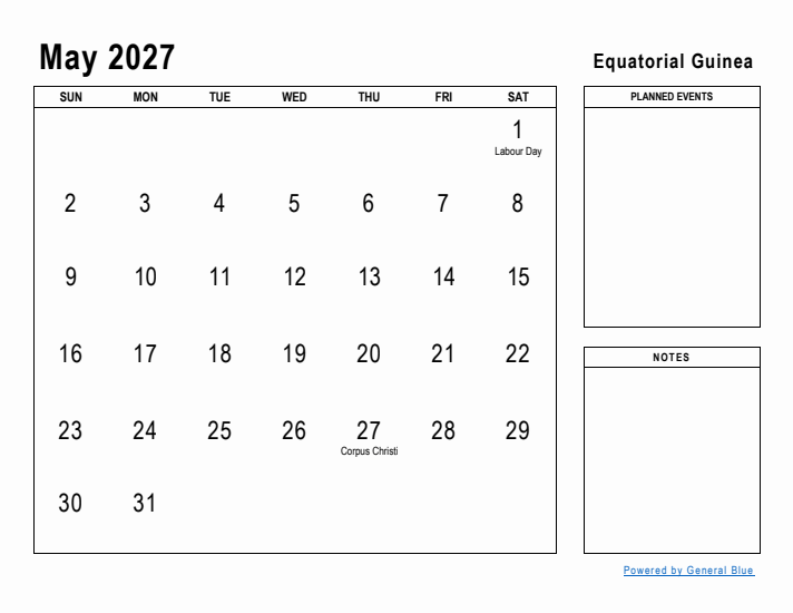 May 2027 Printable Monthly Calendar with Equatorial Guinea Holidays