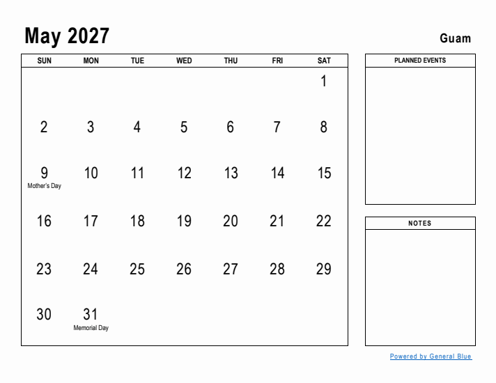 May 2027 Printable Monthly Calendar with Guam Holidays