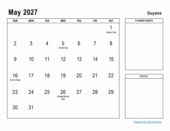 May 2027 Printable Monthly Calendar with Guyana Holidays