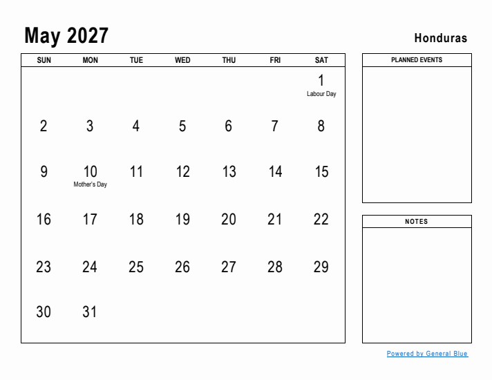 May 2027 Printable Monthly Calendar with Honduras Holidays