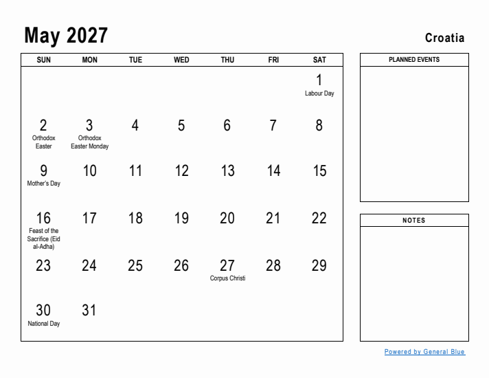 May 2027 Printable Monthly Calendar with Croatia Holidays