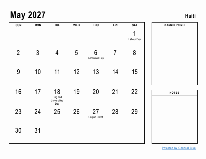 May 2027 Printable Monthly Calendar with Haiti Holidays