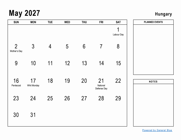 May 2027 Printable Monthly Calendar with Hungary Holidays