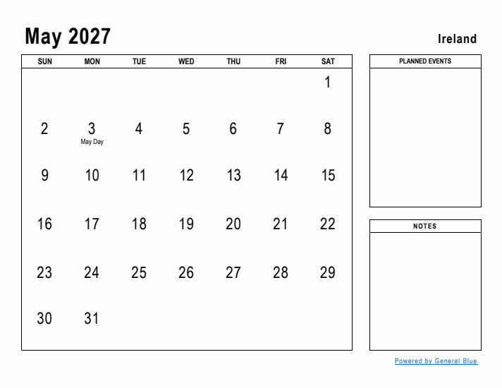 May 2027 Printable Monthly Calendar with Ireland Holidays