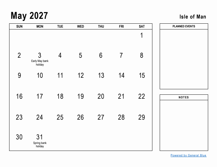 May 2027 Printable Monthly Calendar with Isle of Man Holidays