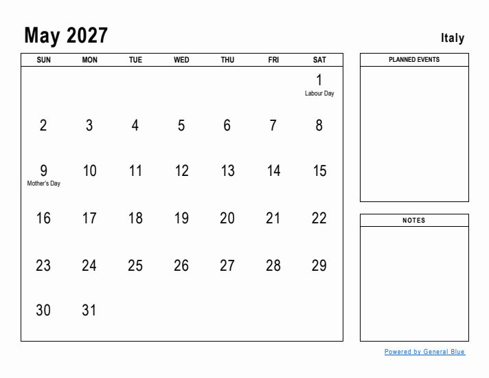 May 2027 Printable Monthly Calendar with Italy Holidays