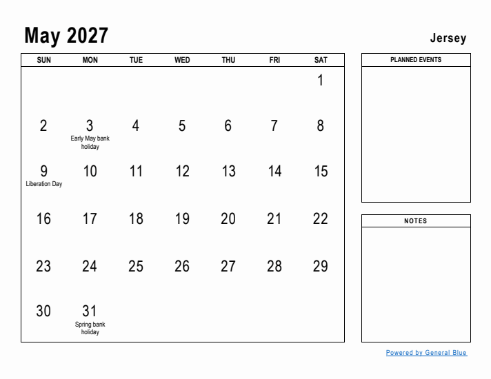 May 2027 Printable Monthly Calendar with Jersey Holidays