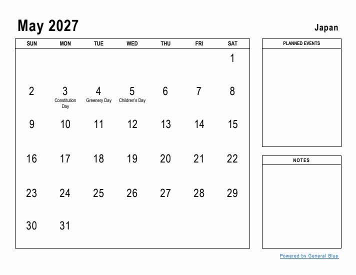 May 2027 Printable Monthly Calendar with Japan Holidays