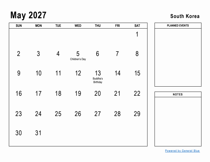 May 2027 Printable Monthly Calendar with South Korea Holidays