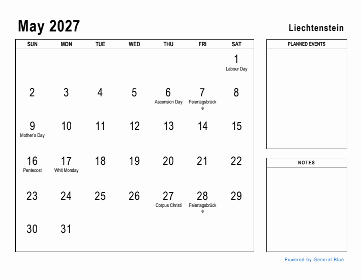 May 2027 Printable Monthly Calendar with Liechtenstein Holidays