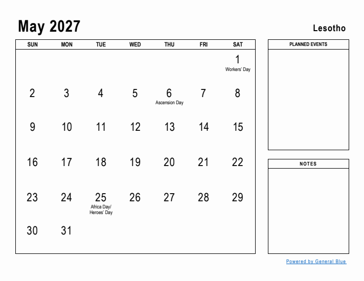 May 2027 Printable Monthly Calendar with Lesotho Holidays