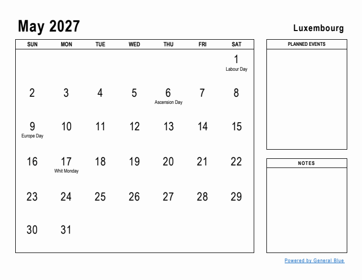 May 2027 Printable Monthly Calendar with Luxembourg Holidays