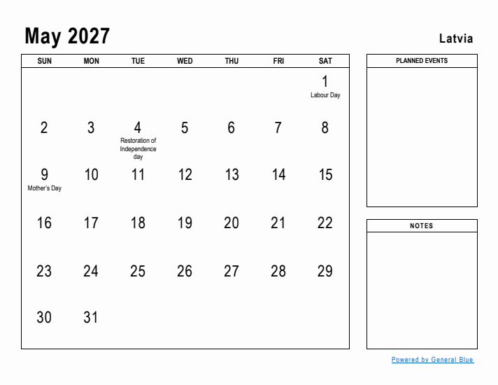 May 2027 Printable Monthly Calendar with Latvia Holidays