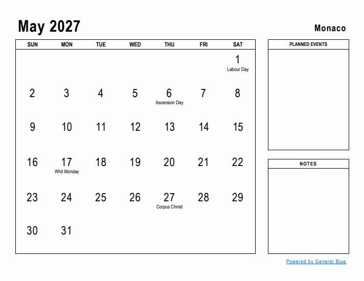 May 2027 Printable Monthly Calendar with Monaco Holidays