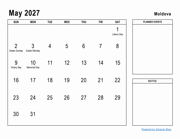 May 2027 Printable Monthly Calendar with Moldova Holidays