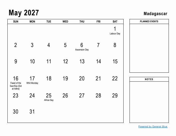 May 2027 Printable Monthly Calendar with Madagascar Holidays