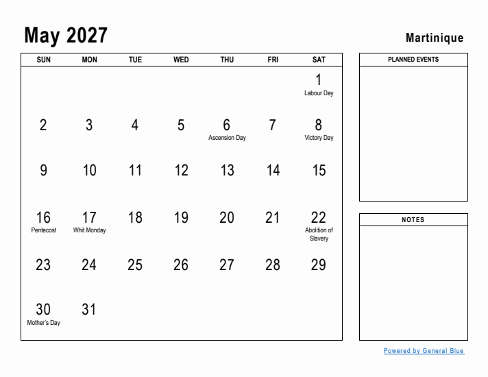 May 2027 Printable Monthly Calendar with Martinique Holidays