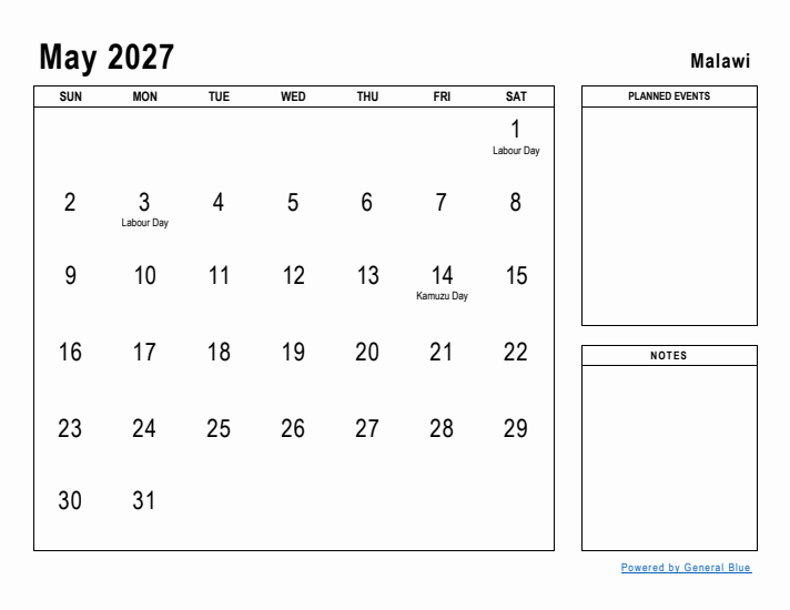 May 2027 Printable Monthly Calendar with Malawi Holidays