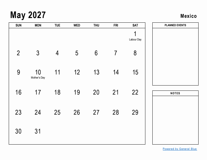 May 2027 Printable Monthly Calendar with Mexico Holidays