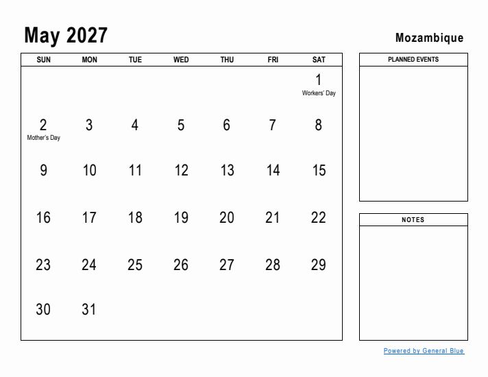 May 2027 Printable Monthly Calendar with Mozambique Holidays