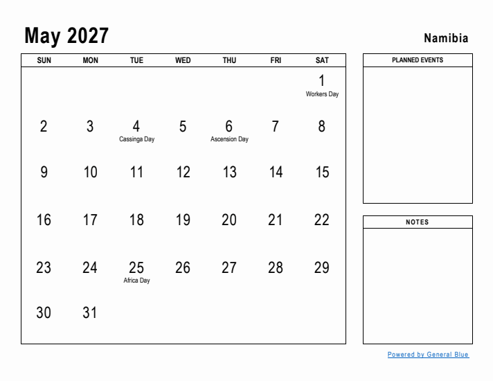 May 2027 Printable Monthly Calendar with Namibia Holidays