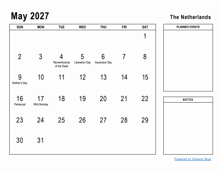 May 2027 Printable Monthly Calendar with The Netherlands Holidays