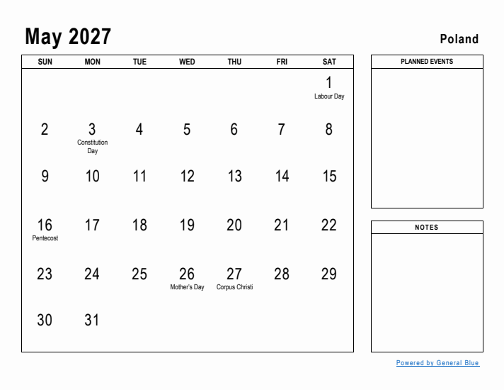 May 2027 Printable Monthly Calendar with Poland Holidays