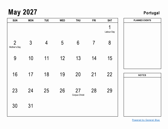 May 2027 Printable Monthly Calendar with Portugal Holidays