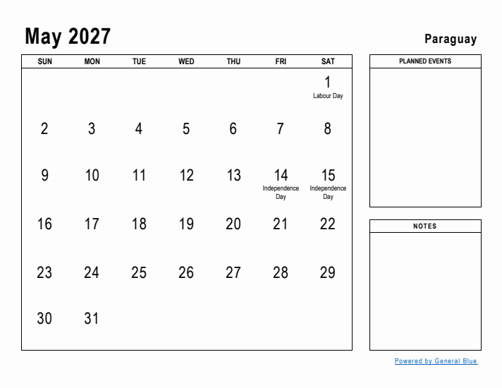 May 2027 Printable Monthly Calendar with Paraguay Holidays