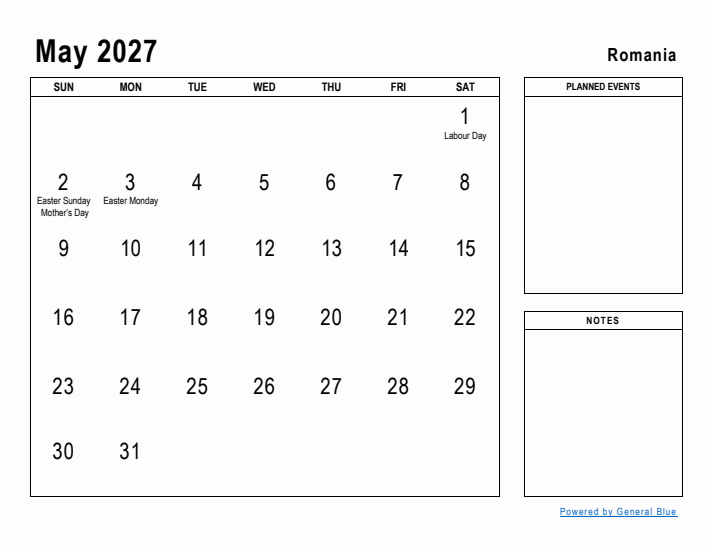 May 2027 Printable Monthly Calendar with Romania Holidays