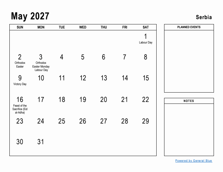 May 2027 Printable Monthly Calendar with Serbia Holidays