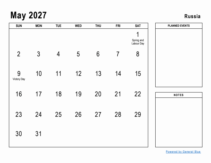 May 2027 Printable Monthly Calendar with Russia Holidays