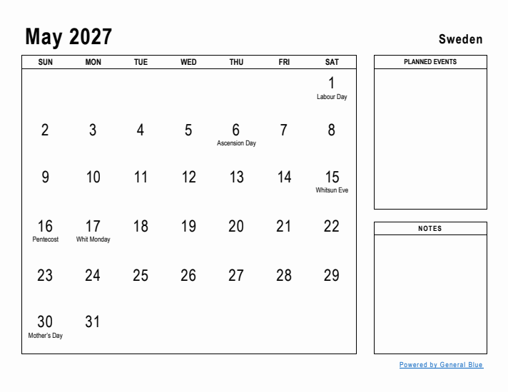 May 2027 Printable Monthly Calendar with Sweden Holidays