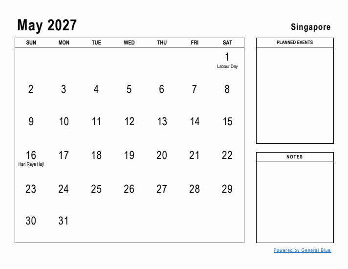 May 2027 Printable Monthly Calendar with Singapore Holidays